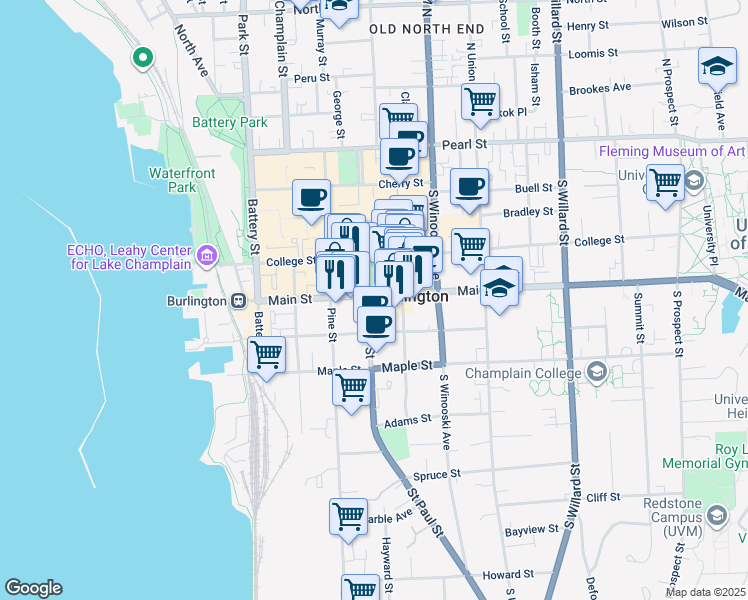 map of restaurants, bars, coffee shops, grocery stores, and more near 120 King Street in Burlington