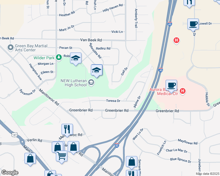 map of restaurants, bars, coffee shops, grocery stores, and more near 2669 Teresa Drive in Green Bay