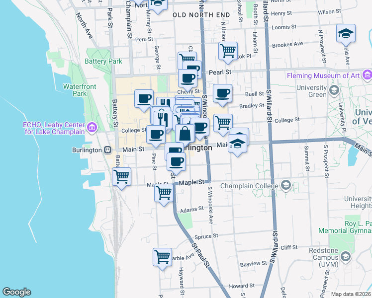 map of restaurants, bars, coffee shops, grocery stores, and more near 165 Main Street in Burlington