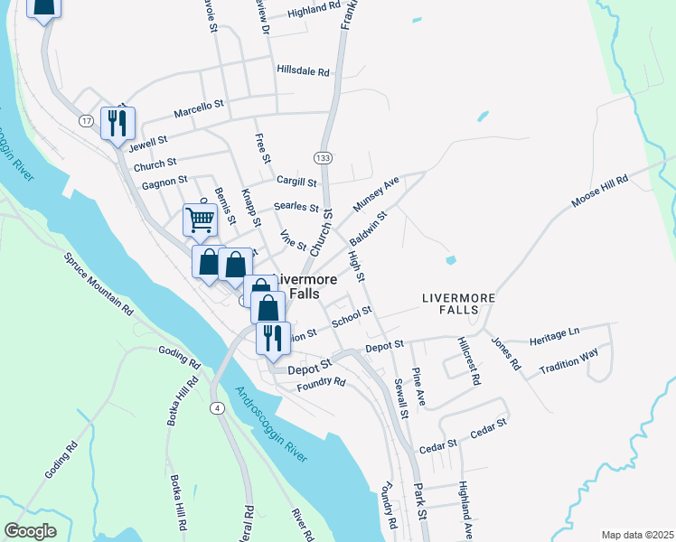 map of restaurants, bars, coffee shops, grocery stores, and more near 26 Baldwin Street in Livermore Falls