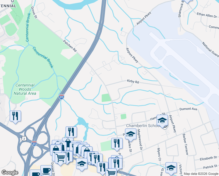 map of restaurants, bars, coffee shops, grocery stores, and more near 22 Kirby Road in South Burlington