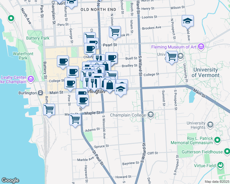 map of restaurants, bars, coffee shops, grocery stores, and more near 250 Main Street in Burlington
