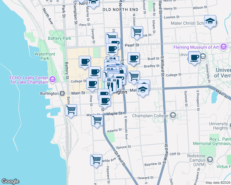 map of restaurants, bars, coffee shops, grocery stores, and more near 1690 Shelburne Road in South Burlington