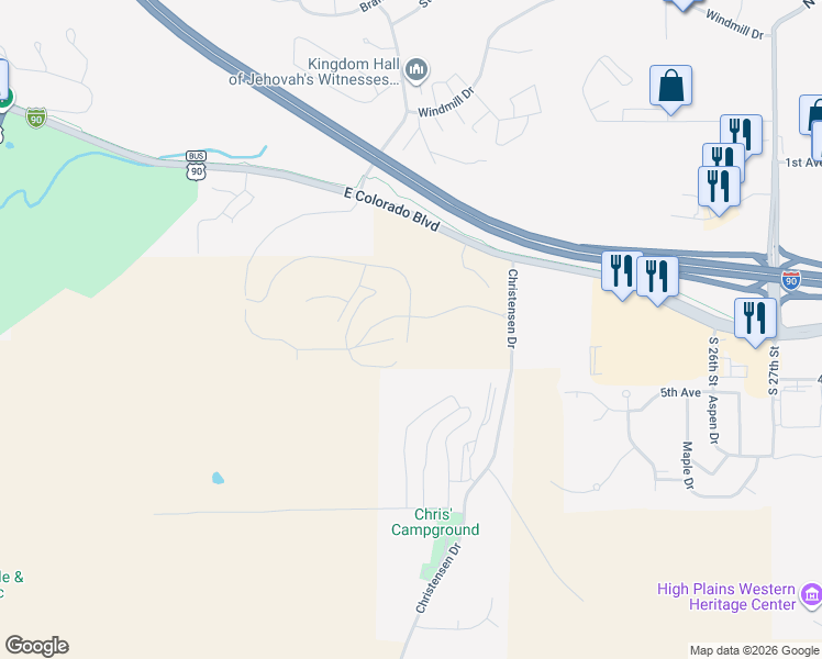 map of restaurants, bars, coffee shops, grocery stores, and more near 1925 East Colorado Boulevard in Spearfish