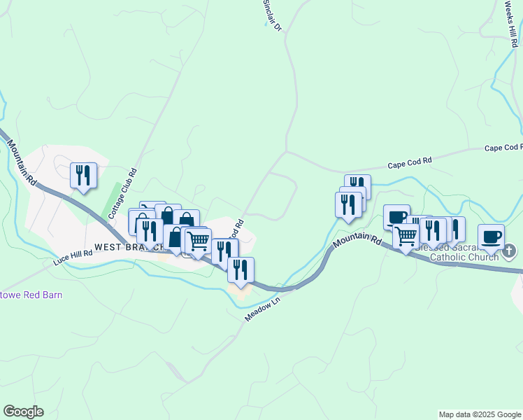 map of restaurants, bars, coffee shops, grocery stores, and more near 55 Village Green Drive in Stowe