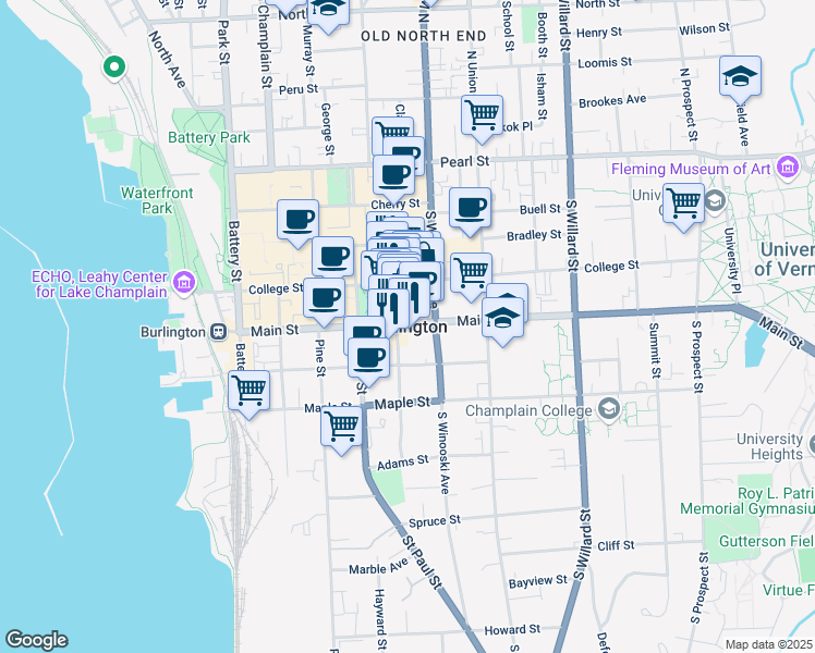 map of restaurants, bars, coffee shops, grocery stores, and more near in Burlington