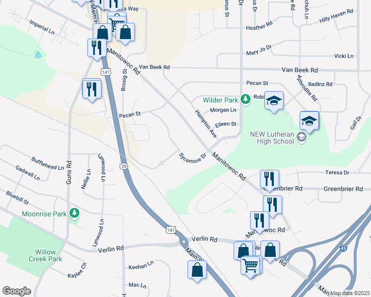 map of restaurants, bars, coffee shops, grocery stores, and more near 2427 Sycamore Drive in Green Bay