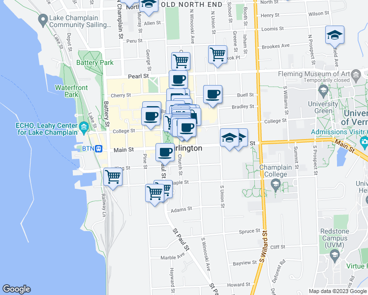 map of restaurants, bars, coffee shops, grocery stores, and more near in Burlington