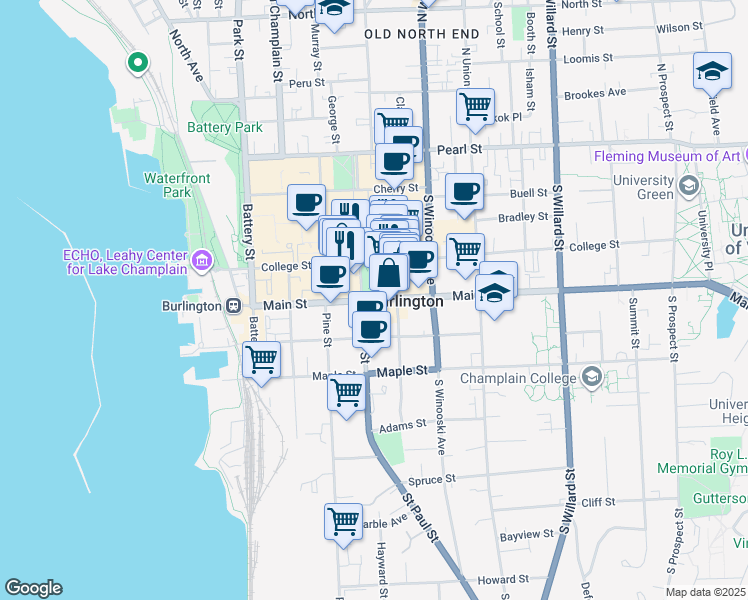 map of restaurants, bars, coffee shops, grocery stores, and more near 135 Church Street in Burlington