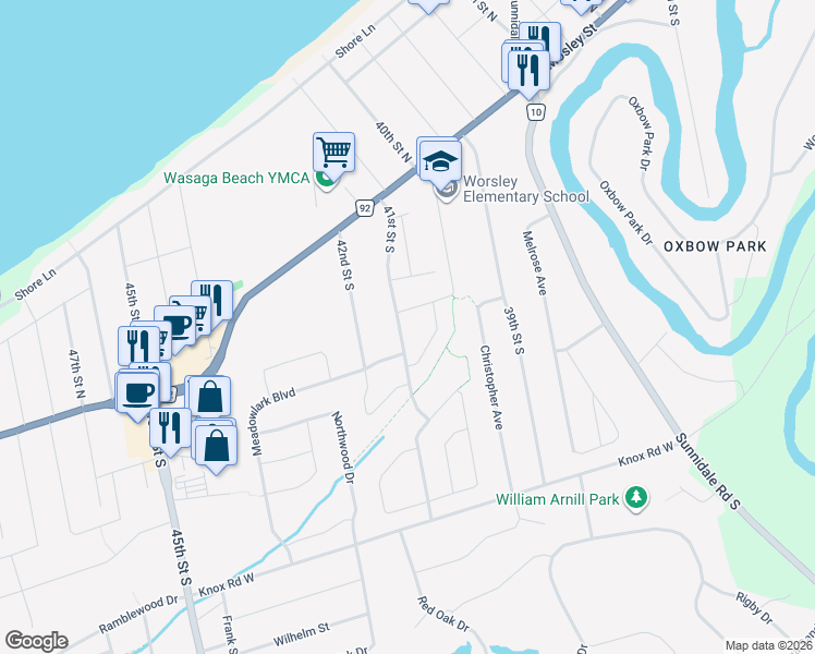 map of restaurants, bars, coffee shops, grocery stores, and more near 103 41st Street South in Wasaga Beach