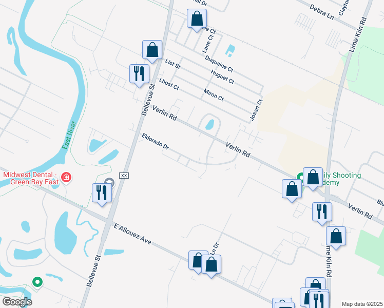 map of restaurants, bars, coffee shops, grocery stores, and more near 1764 Eldorado Drive in Green Bay