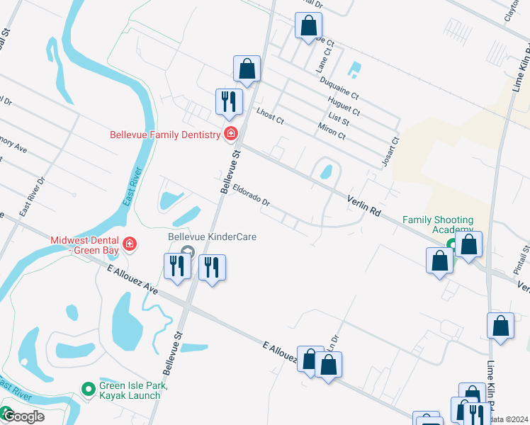 map of restaurants, bars, coffee shops, grocery stores, and more near 1751 Eldorado Drive in Green Bay