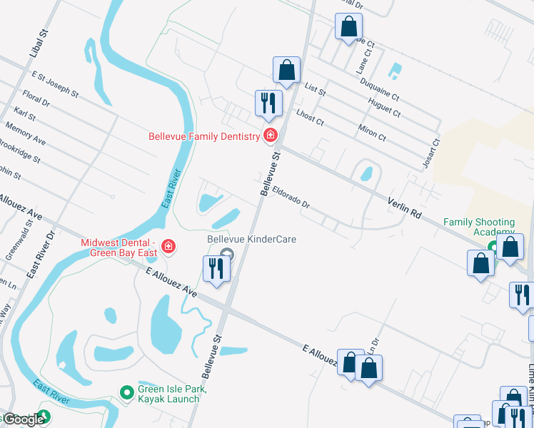 map of restaurants, bars, coffee shops, grocery stores, and more near 1461 Bellevue Street in Green Bay