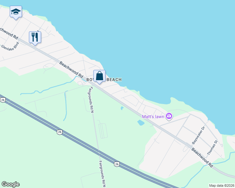 map of restaurants, bars, coffee shops, grocery stores, and more near 13 Bayview Avenue in Wasaga Beach