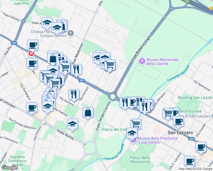 map of restaurants, bars, coffee shops, grocery stores, and more near 2 Piazza Grigoris Lambrakis in Bologna