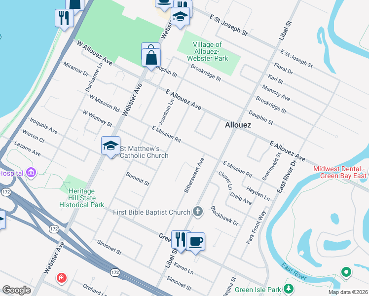 map of restaurants, bars, coffee shops, grocery stores, and more near 330 East Mission Road in Green Bay