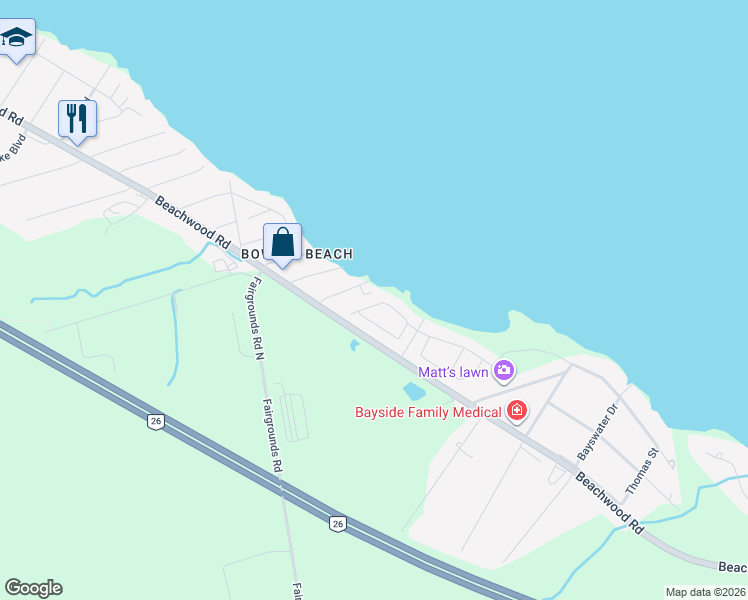 map of restaurants, bars, coffee shops, grocery stores, and more near 29 Bayview Avenue in Wasaga Beach