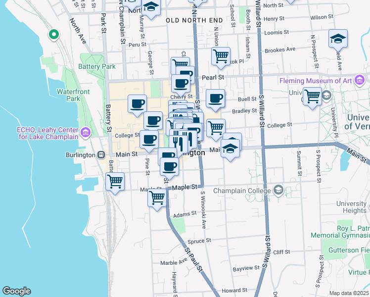 map of restaurants, bars, coffee shops, grocery stores, and more near 156 Church Street in Burlington