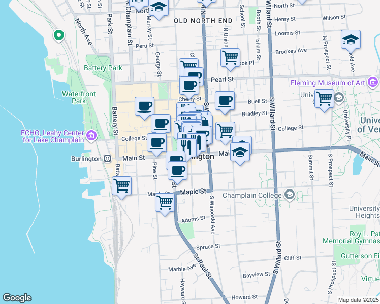 map of restaurants, bars, coffee shops, grocery stores, and more near Church Street in Burlington