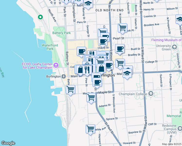 map of restaurants, bars, coffee shops, grocery stores, and more near 114 Main Street in Burlington