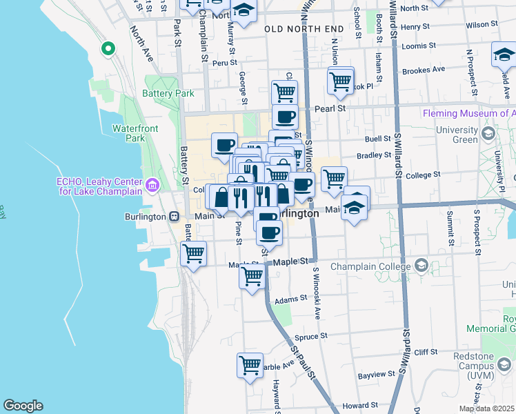 map of restaurants, bars, coffee shops, grocery stores, and more near 133 Saint Paul Street in Burlington