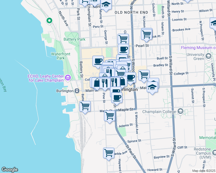 map of restaurants, bars, coffee shops, grocery stores, and more near 110 Main Street in Burlington