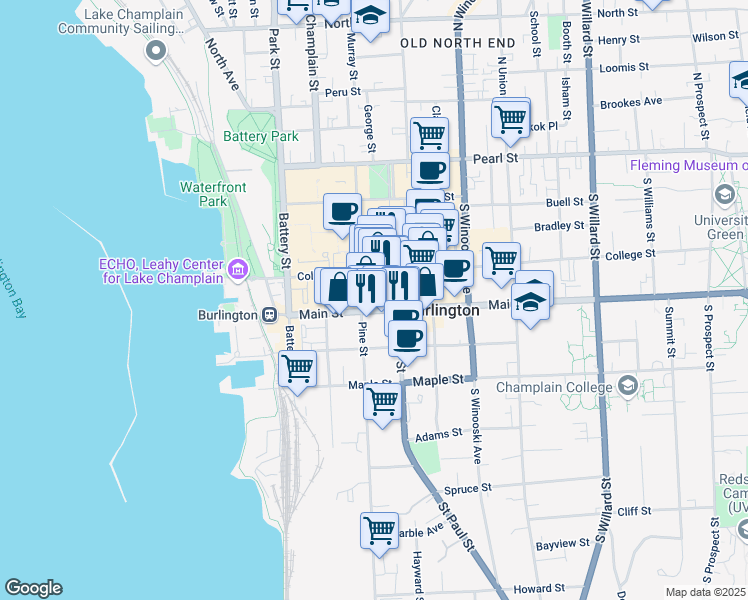 map of restaurants, bars, coffee shops, grocery stores, and more near 110 Main Street in Burlington