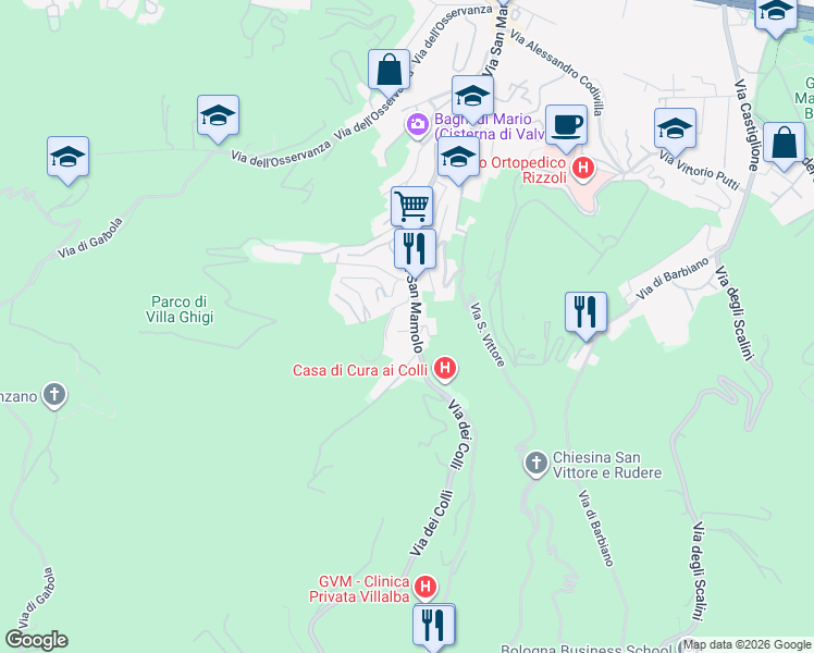 map of restaurants, bars, coffee shops, grocery stores, and more near 159 Via San Mamolo in Bologna