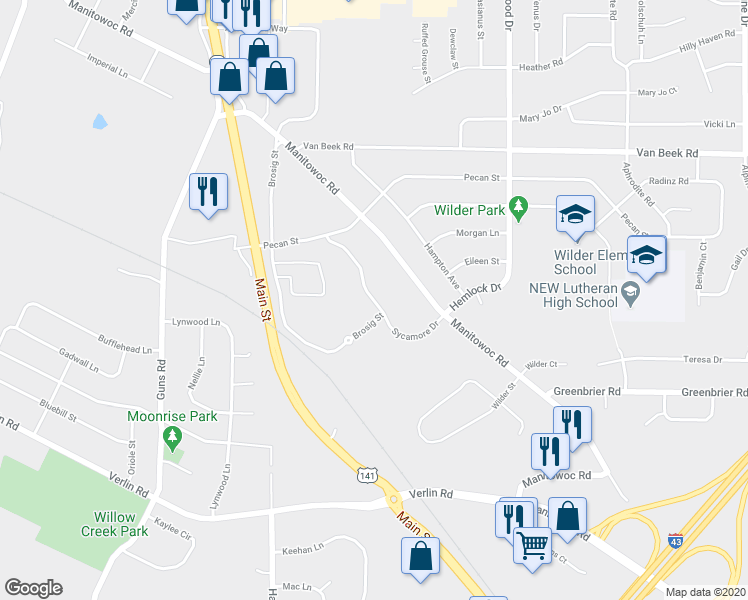 map of restaurants, bars, coffee shops, grocery stores, and more near 2397 Sycamore Drive in Green Bay