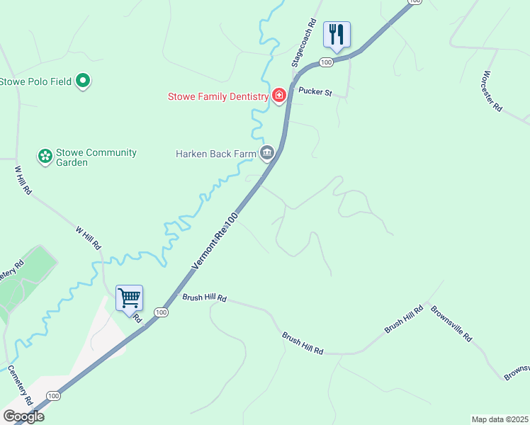 map of restaurants, bars, coffee shops, grocery stores, and more near 24 Snowdrift Lane in Stowe