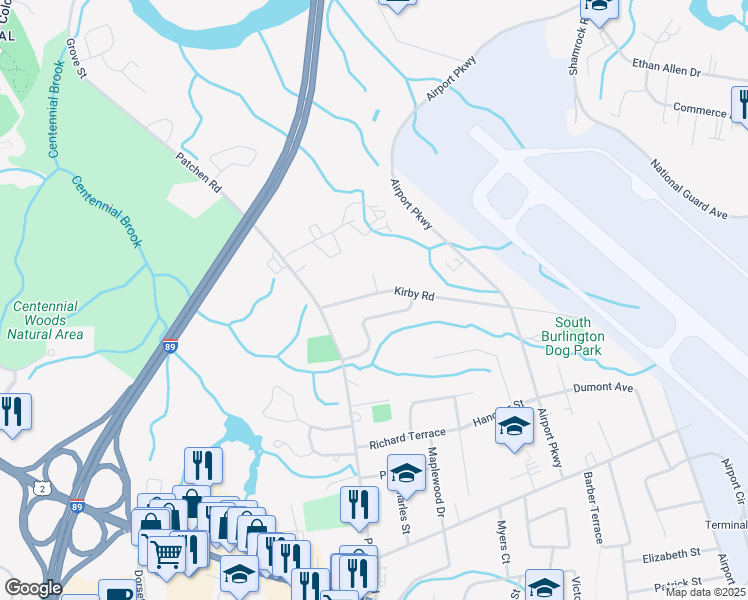 map of restaurants, bars, coffee shops, grocery stores, and more near 53 Kirby Road in South Burlington