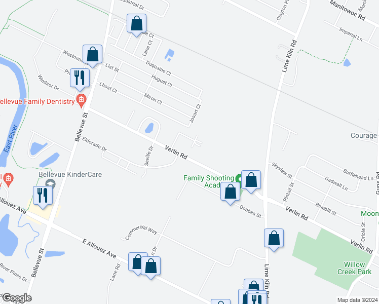 map of restaurants, bars, coffee shops, grocery stores, and more near 1891 Verlin Road in Green Bay