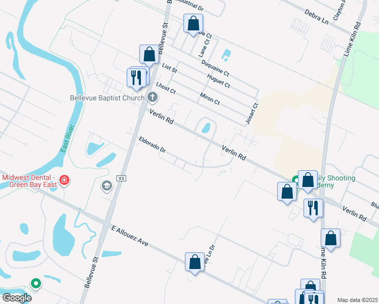 map of restaurants, bars, coffee shops, grocery stores, and more near 1764 Eldorado Drive in Green Bay