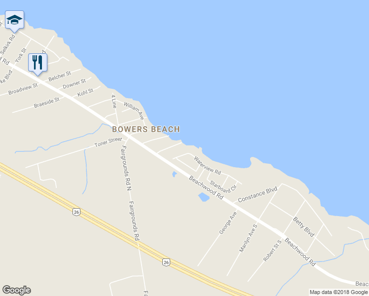 map of restaurants, bars, coffee shops, grocery stores, and more near 29 Bayview Avenue in Wasaga Beach