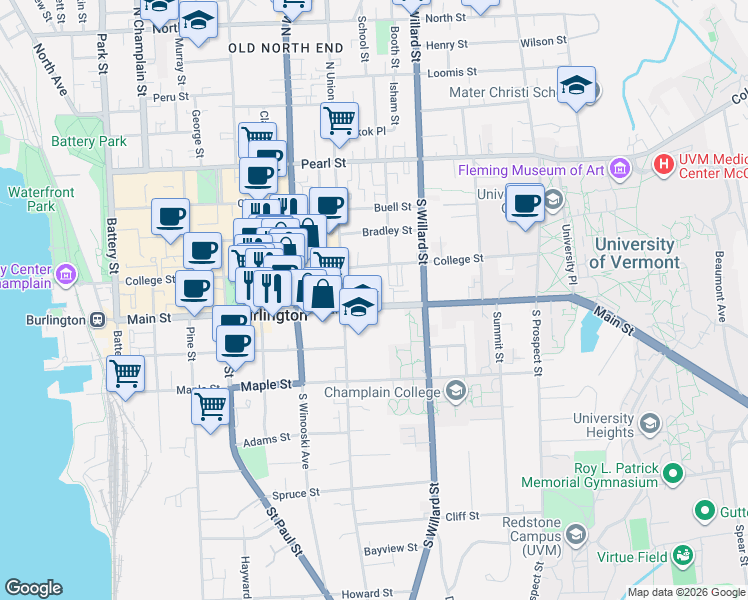 map of restaurants, bars, coffee shops, grocery stores, and more near 300 Main Street in Burlington