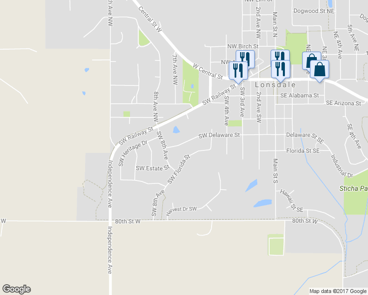map of restaurants, bars, coffee shops, grocery stores, and more near 703 Southwest Delaware Street in Lonsdale