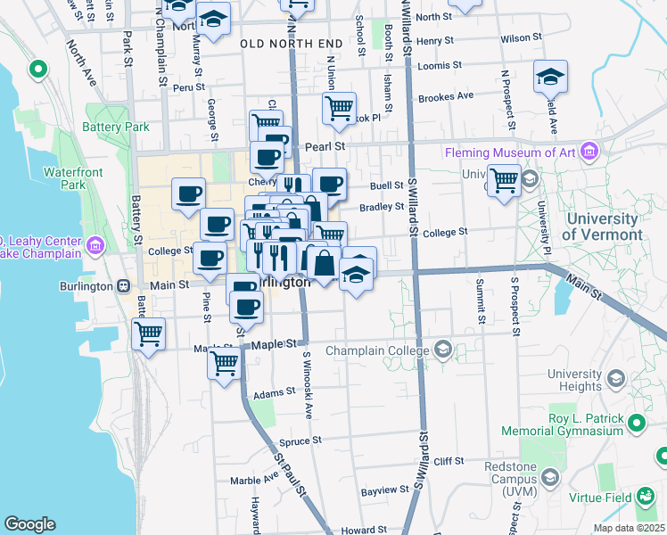 map of restaurants, bars, coffee shops, grocery stores, and more near 250 Main Street in Burlington