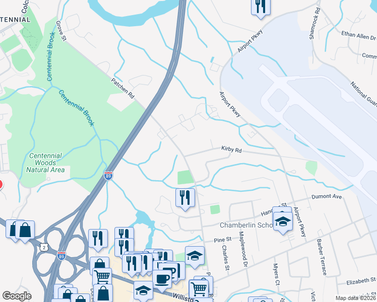 map of restaurants, bars, coffee shops, grocery stores, and more near 22 Kirby Road in South Burlington