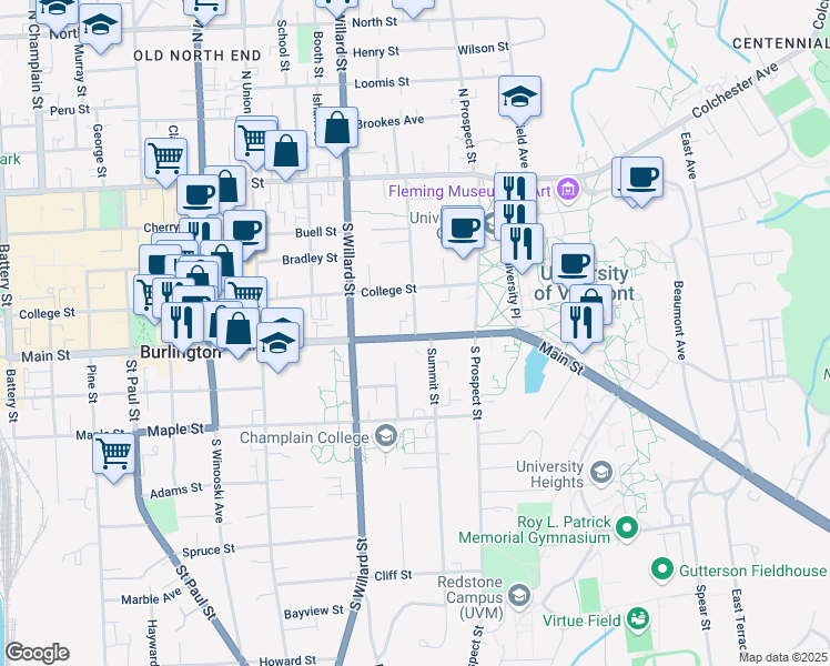 map of restaurants, bars, coffee shops, grocery stores, and more near 446 Main Street in Winooski
