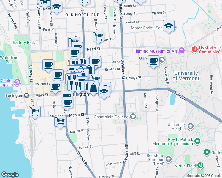map of restaurants, bars, coffee shops, grocery stores, and more near 300 Main Street in Burlington