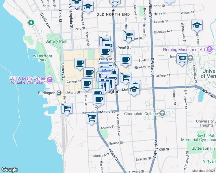 map of restaurants, bars, coffee shops, grocery stores, and more near in Burlington