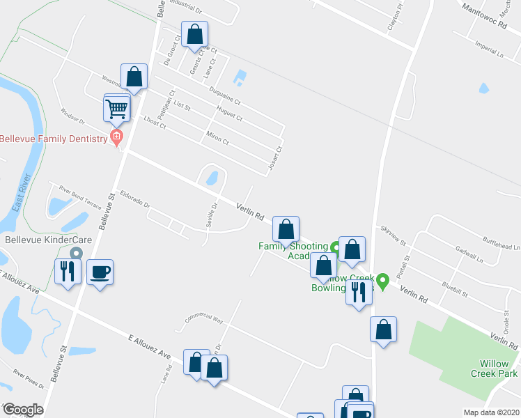 map of restaurants, bars, coffee shops, grocery stores, and more near 1425 Sterling Heights Court in Green Bay