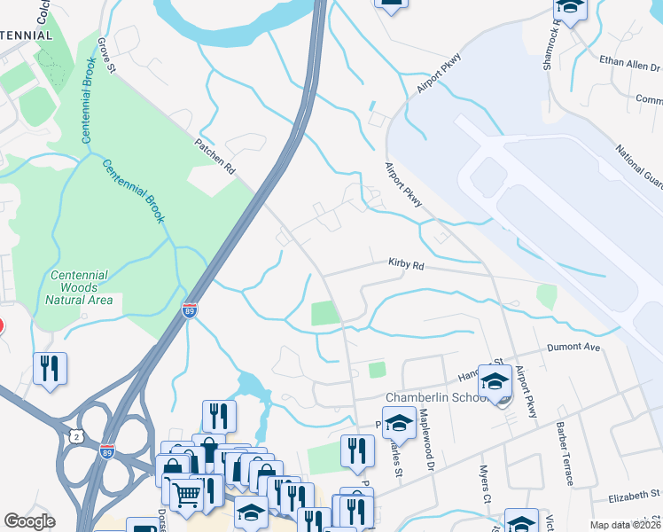 map of restaurants, bars, coffee shops, grocery stores, and more near 22 Kirby Road in South Burlington