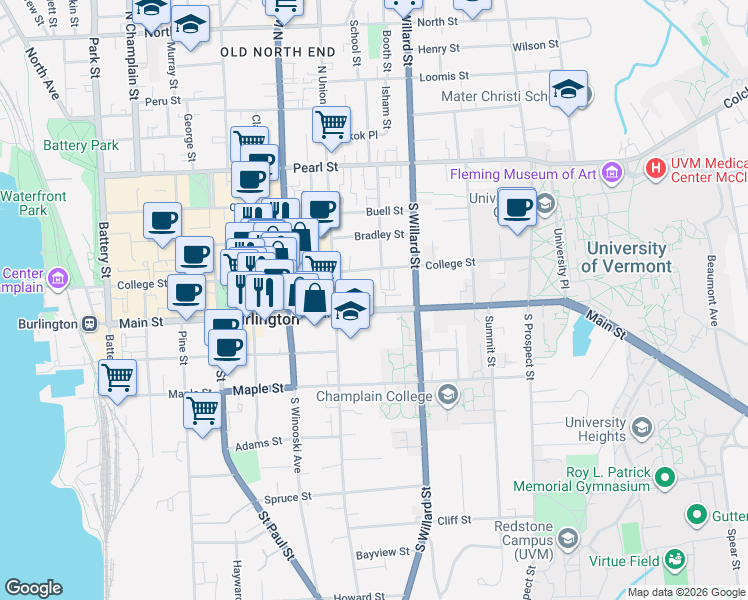 map of restaurants, bars, coffee shops, grocery stores, and more near 300 Main Street in Burlington
