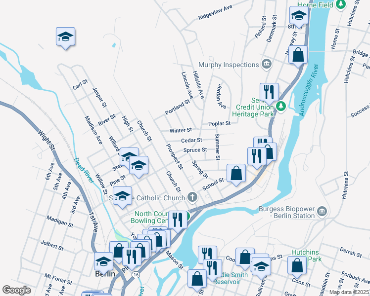 map of restaurants, bars, coffee shops, grocery stores, and more near 33 Spruce Street in Berlin