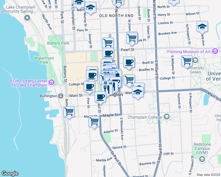 map of restaurants, bars, coffee shops, grocery stores, and more near 138 Church Street in Burlington