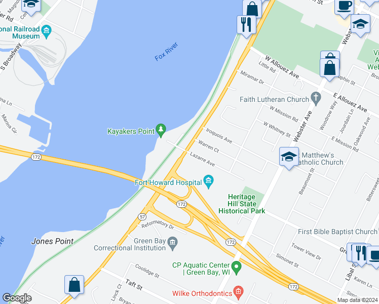 map of restaurants, bars, coffee shops, grocery stores, and more near 2611 Riverside Drive in Allouez