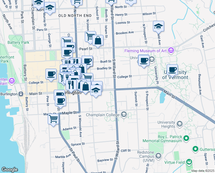 map of restaurants, bars, coffee shops, grocery stores, and more near 348 Main Street in Burlington