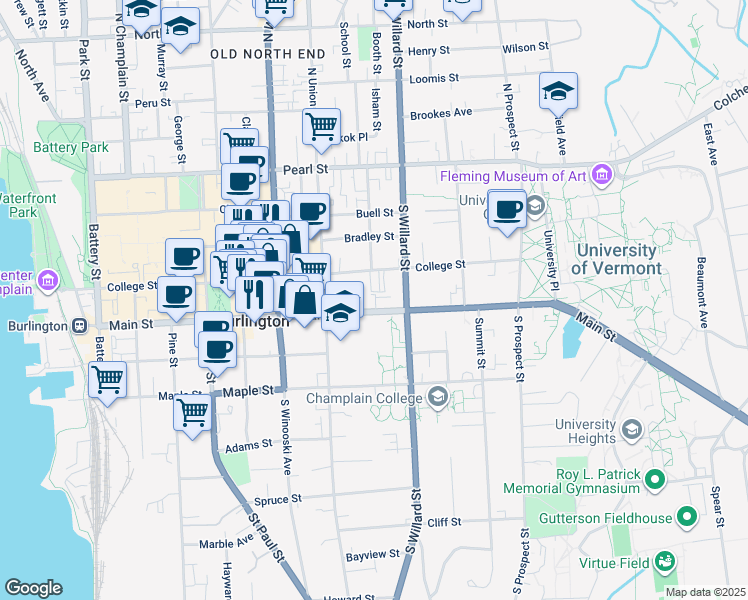 map of restaurants, bars, coffee shops, grocery stores, and more near 300 Main Street in Burlington