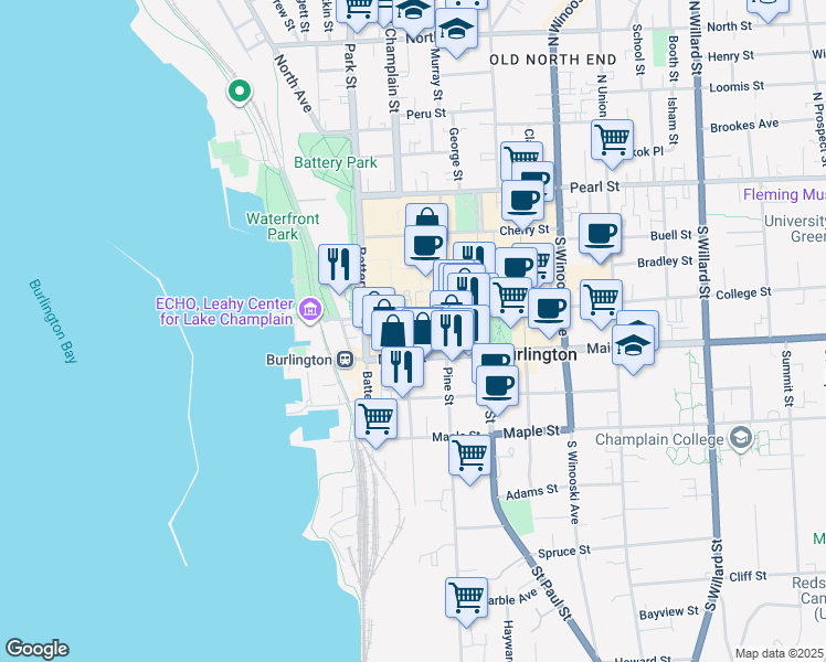 map of restaurants, bars, coffee shops, grocery stores, and more near 91 College Street in Burlington